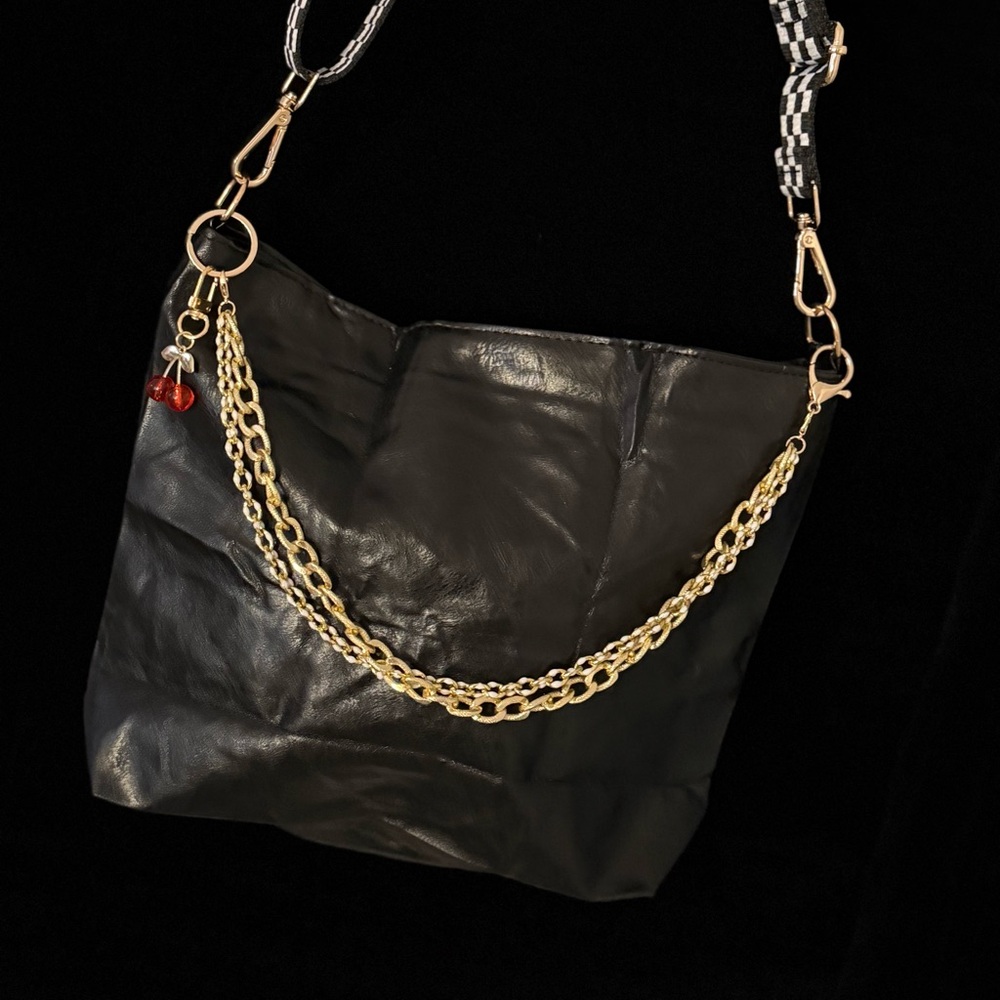 Black Leather Bag with Gold Chain